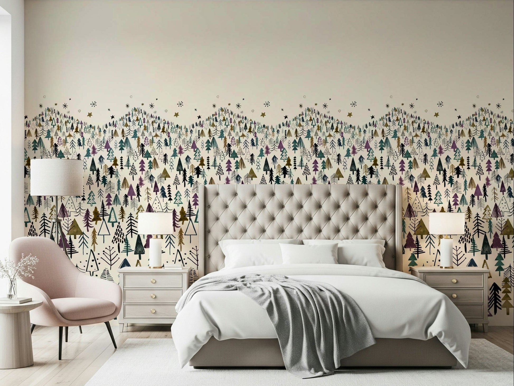 Misty woodland wall mural for a contemporary dining area feature wall., GD7779