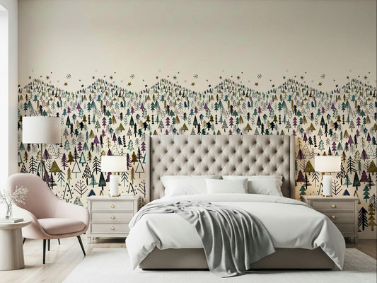 Misty woodland wall mural for a contemporary dining area feature wall.
