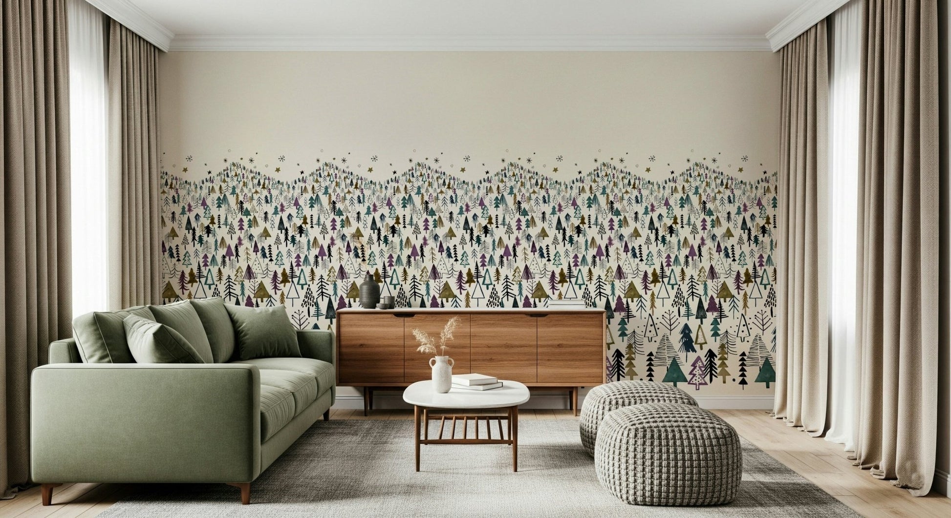 Frosted branch wall mural design for a modern home office backdrop.