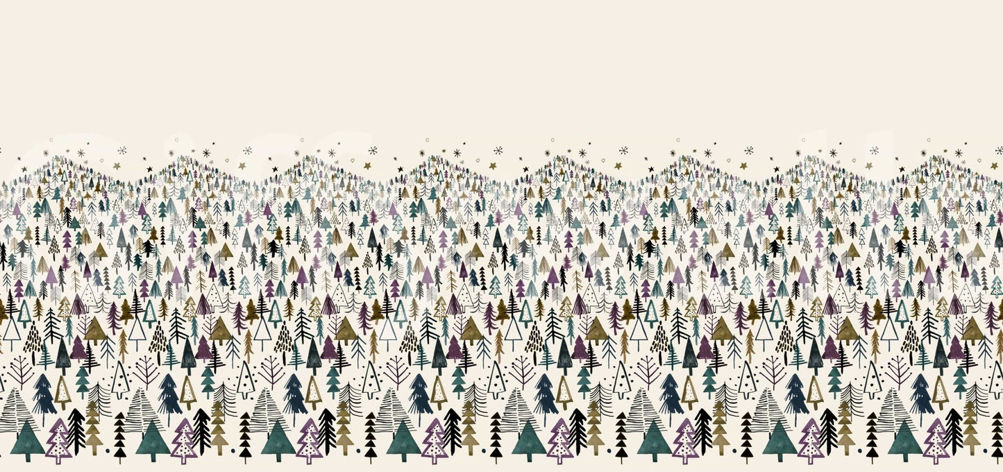 Nature-inspired wallpaper showcasing snow-covered trees in a reading nook.