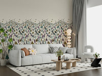 Panoramic winter forest wall mural for a high-ceilinged lobby area.