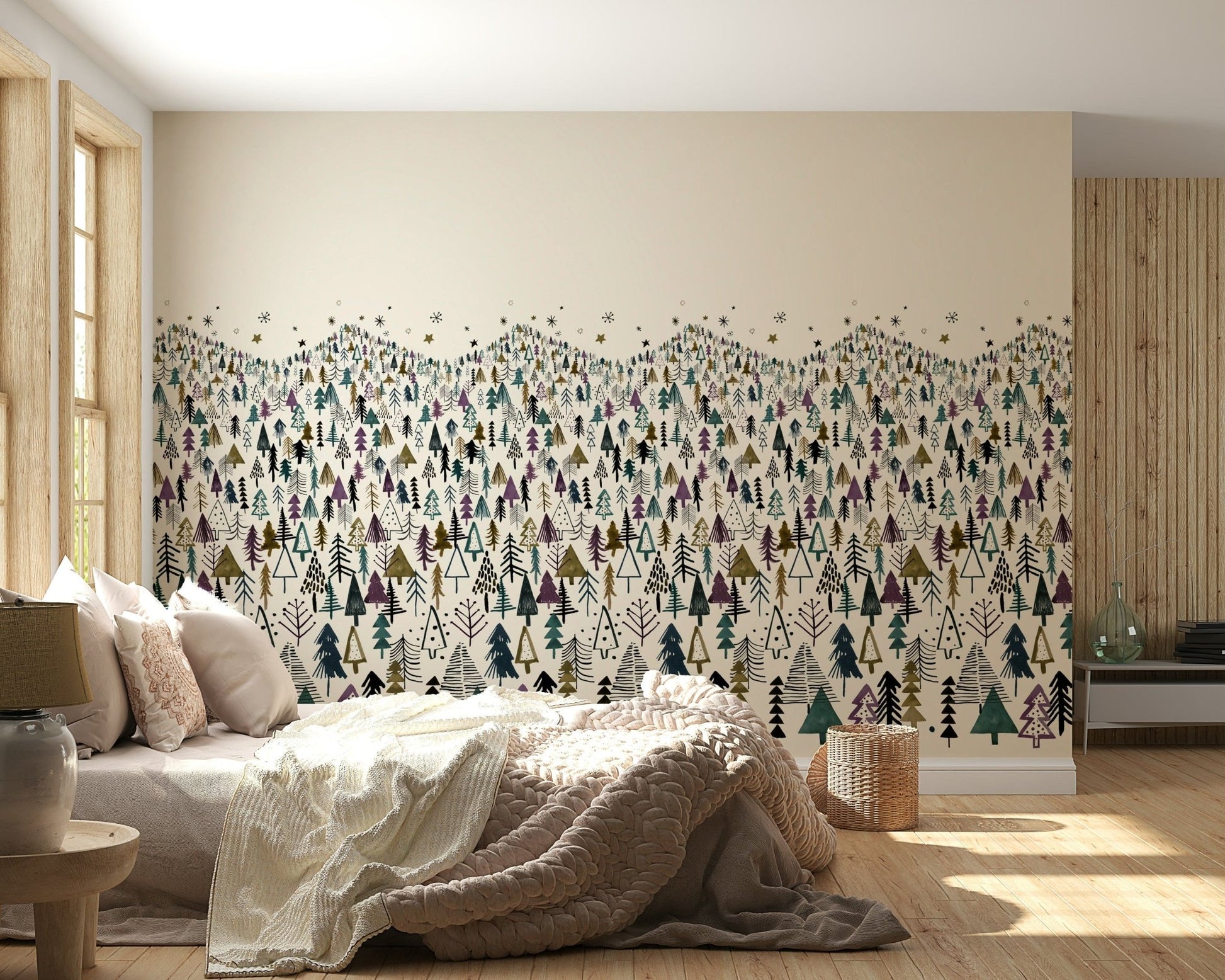 Winter Tree Wonderland wall mural in a minimalist living room setting.