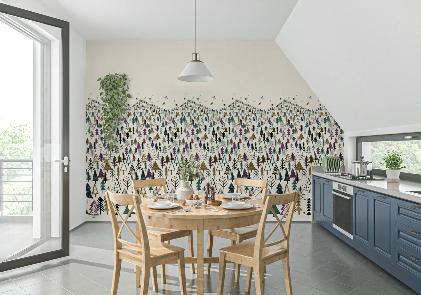 Cold climate forest wallpaper for a sophisticated apartment study.