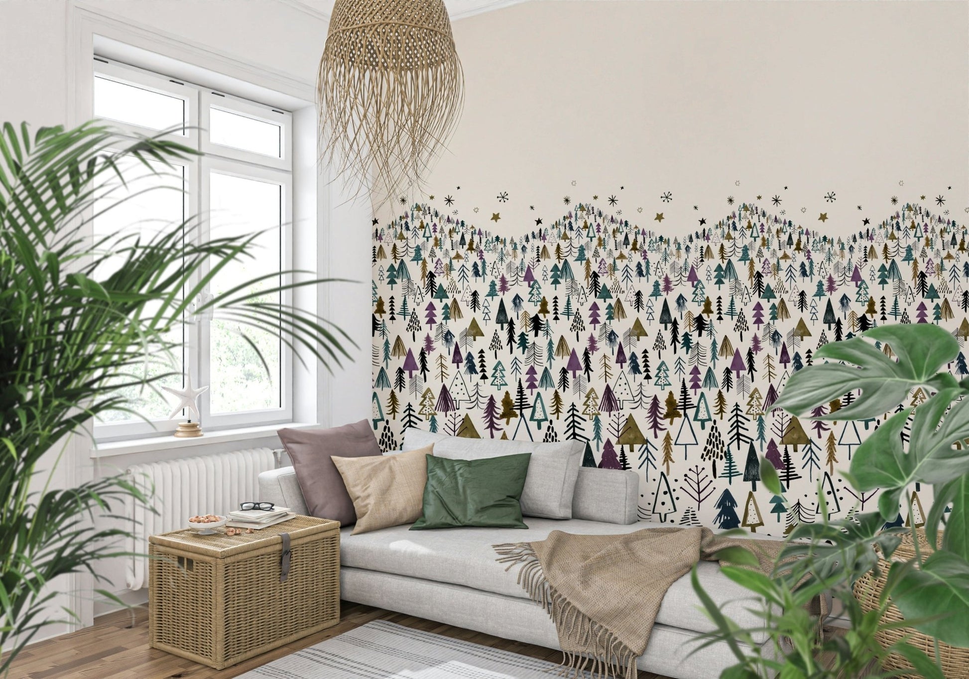 Winter Tree Wonderland wallpaper featuring monochromatic tones in a lounge.