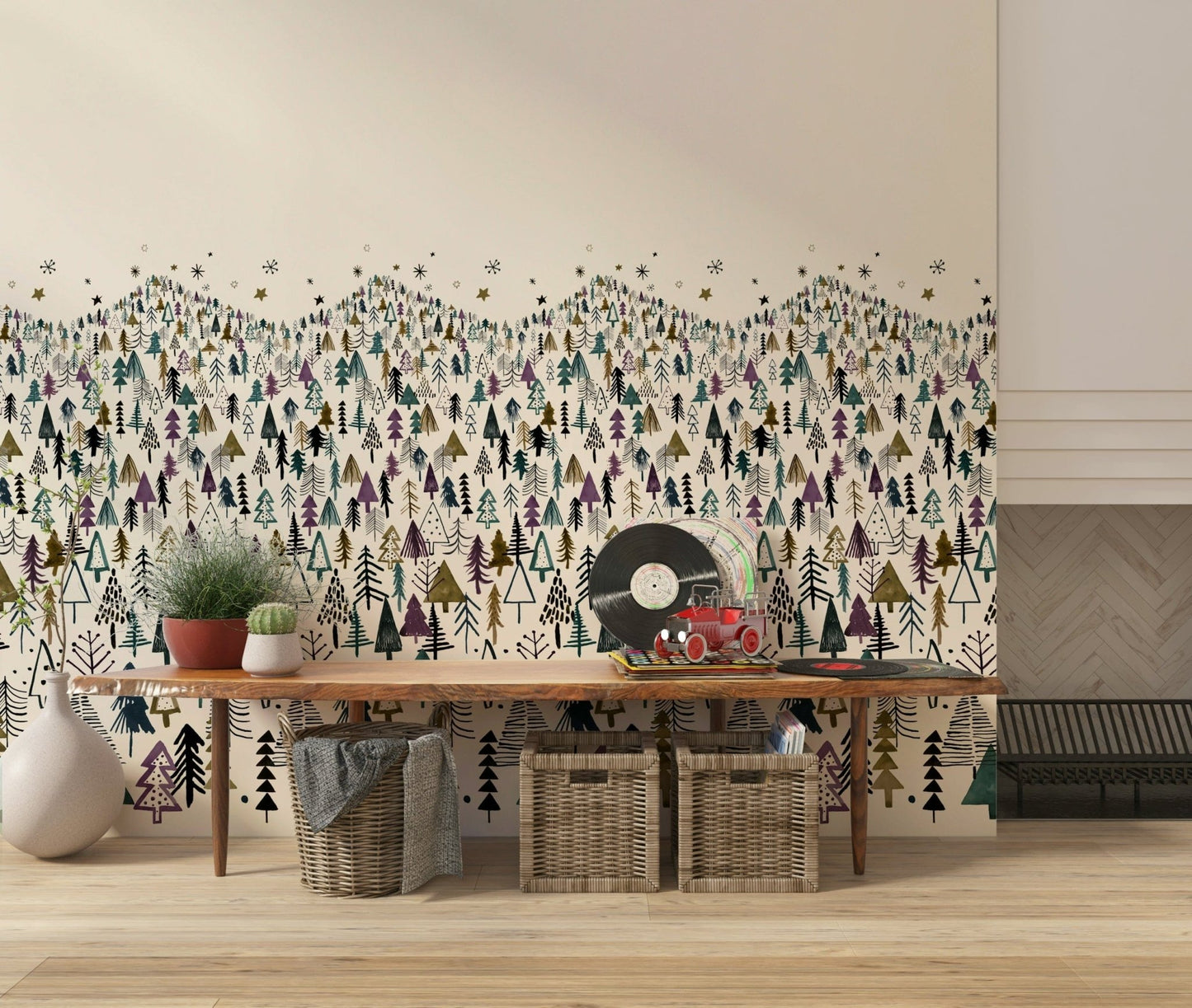 Snowy forest wallpaper for a serene and peaceful bedroom atmosphere.