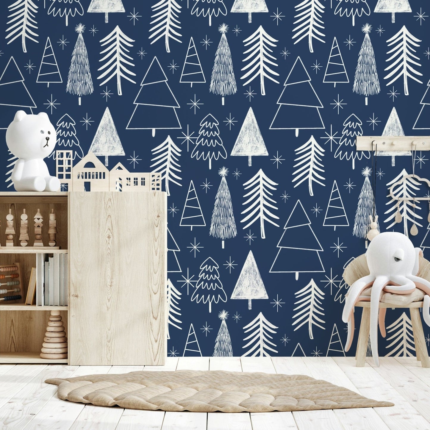 Modern peel and stick wallpaper showing abstract snowy trees Winter Trees 
