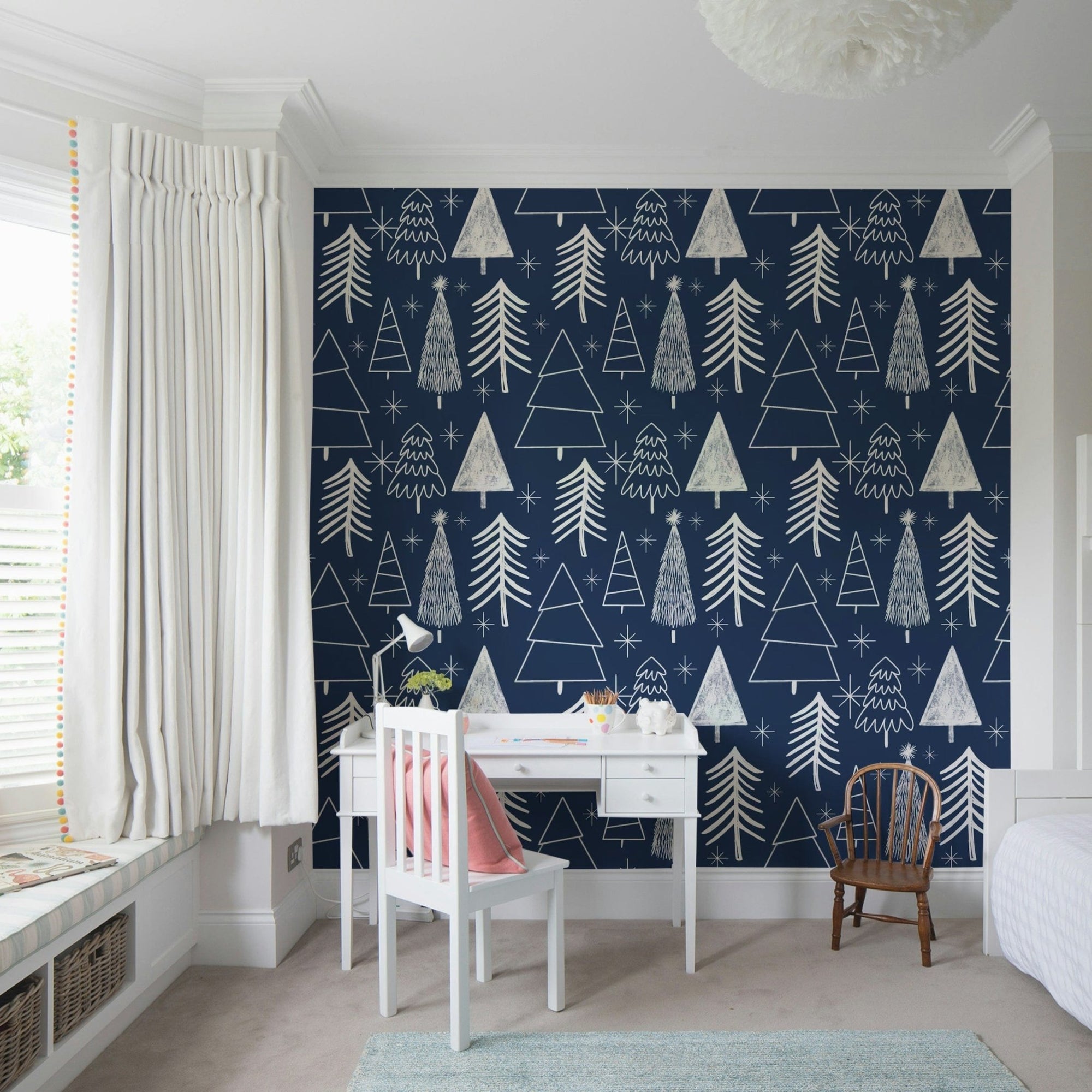 Winter Trees Wallpaper forest pattern in deep blue., GD6551
