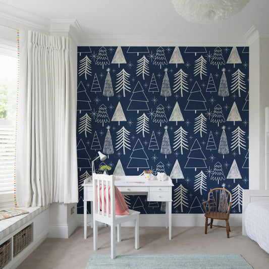 Winter Trees Wallpaper forest pattern in deep blue.