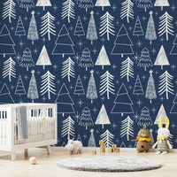 Decorative navy background with outlined white Winter Trees.