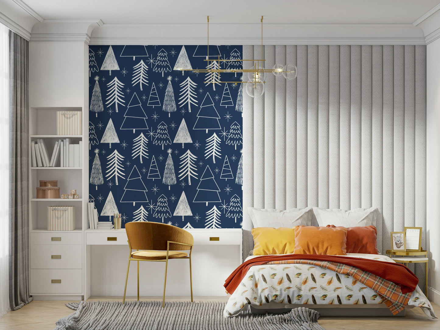 Playful peel and stick Winter Trees Wallpaper with festive white stars.