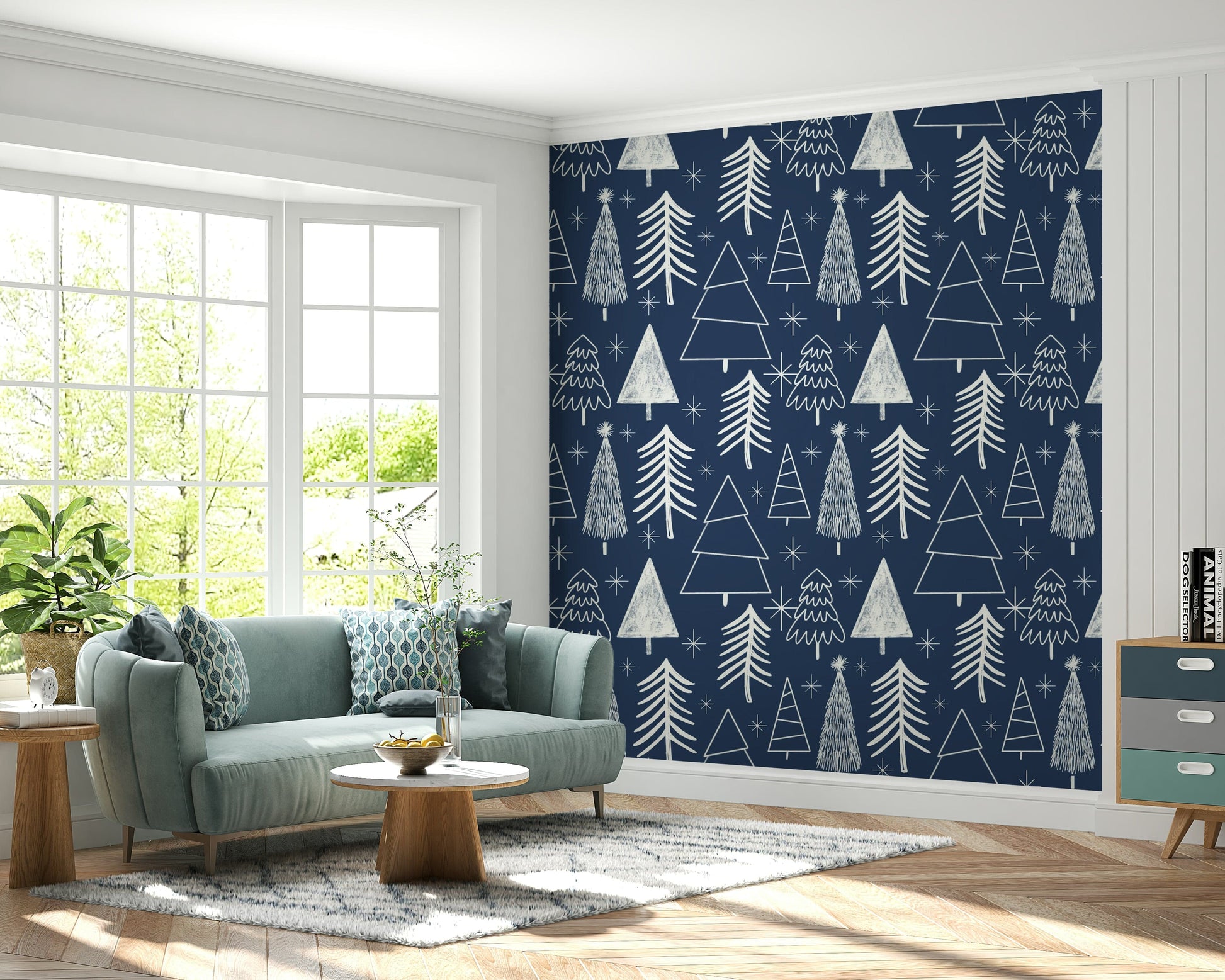Blue and white textured Winter Trees wallpaper mural.