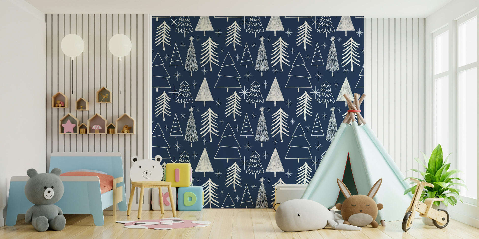Stylized white firs on a navy wallpaper for walls.