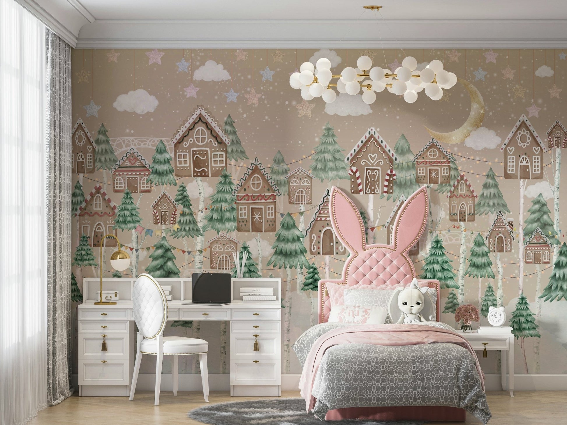 A peaceful wall mural with a charming winter village scene.

