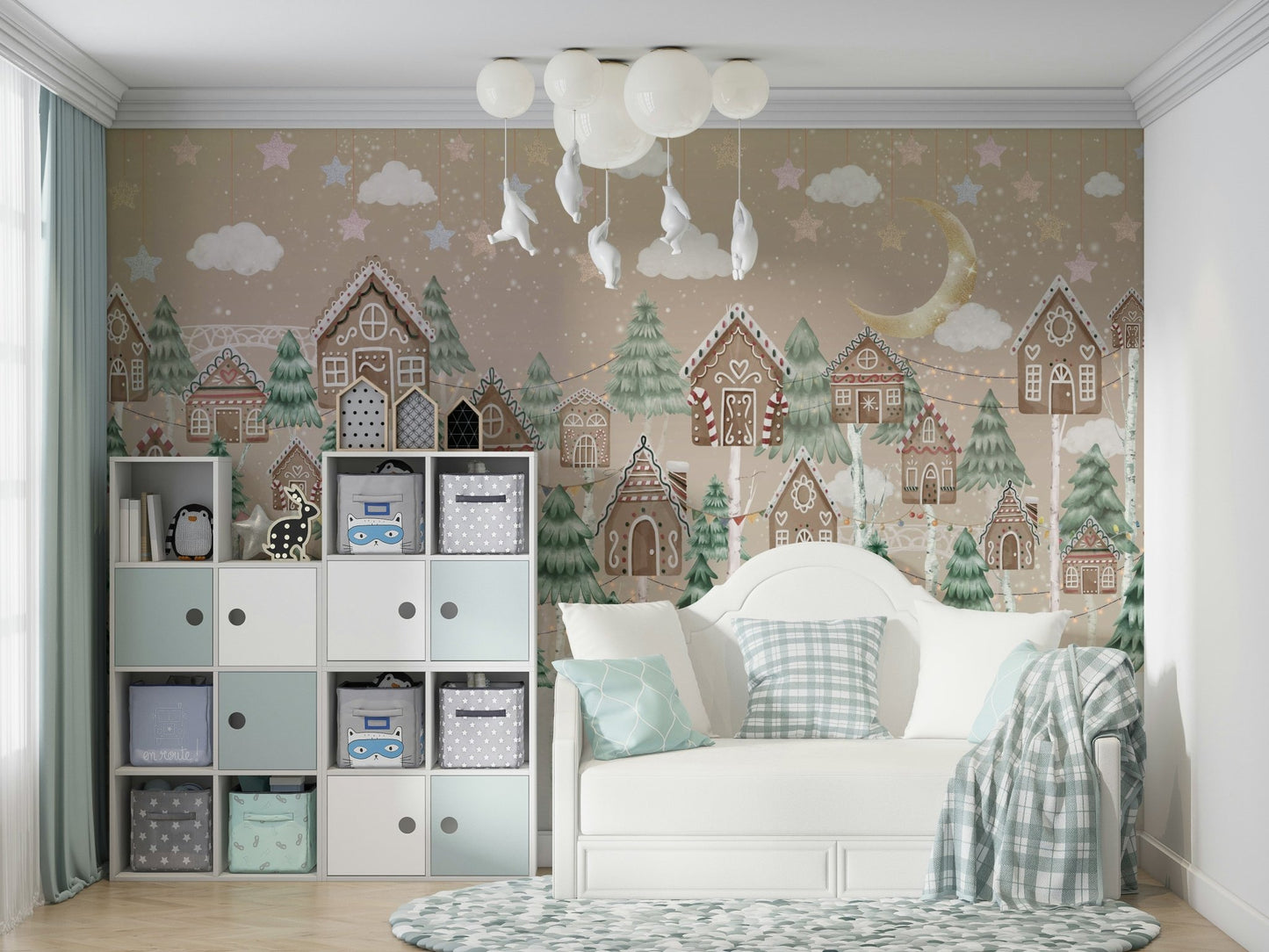 Small houses with peaked roofs are nestled in a valley.

