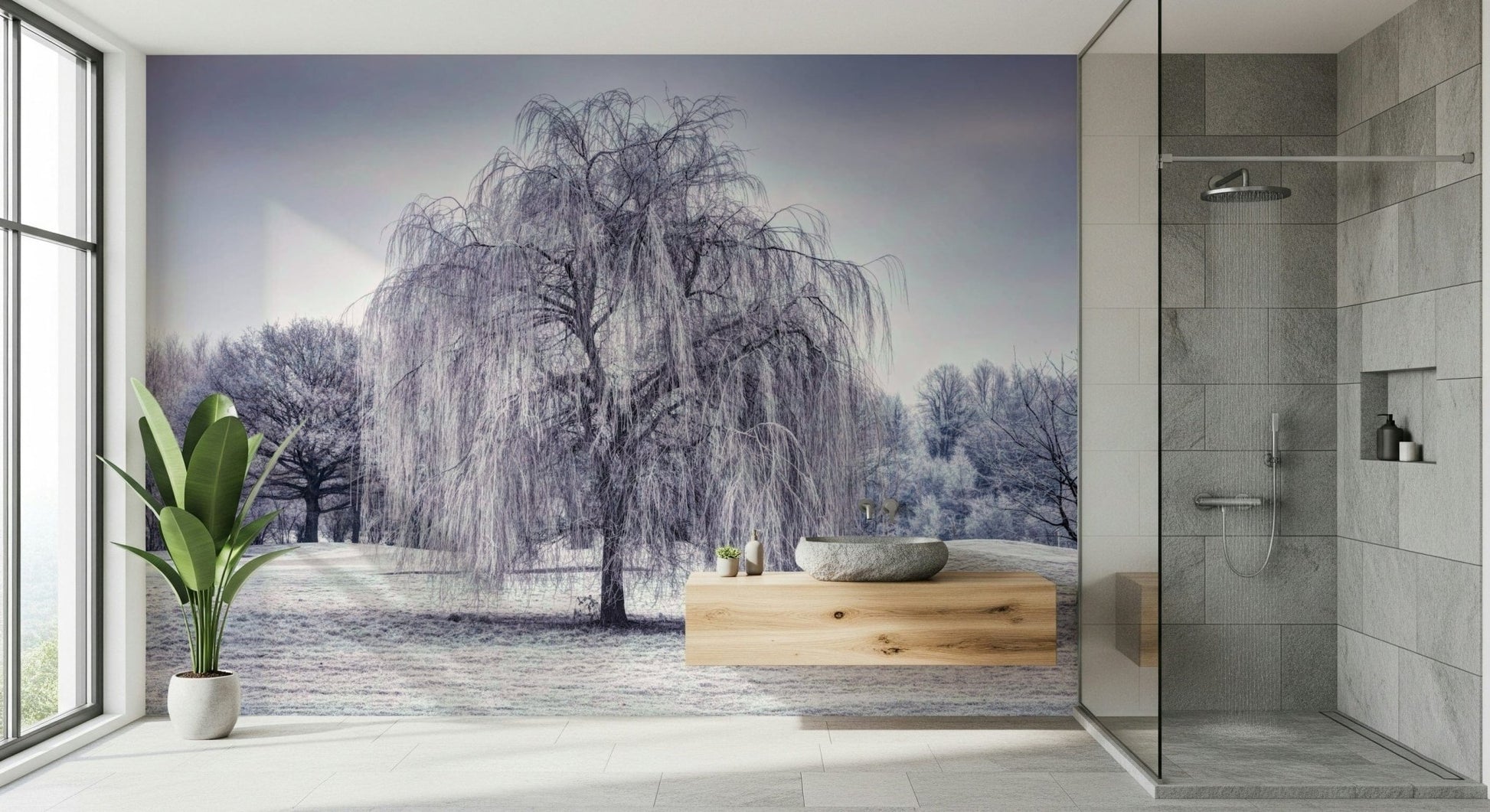 Dramatic Winter Weeping Tree Wall Mural on a frosted, cold field.