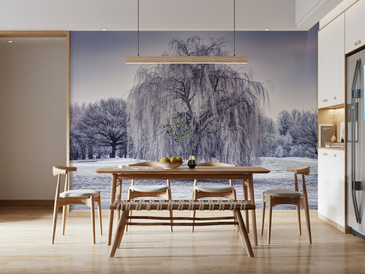 Frosty willow style Winter Weeping Tree Wall Mural, peel and stick wallpaper.