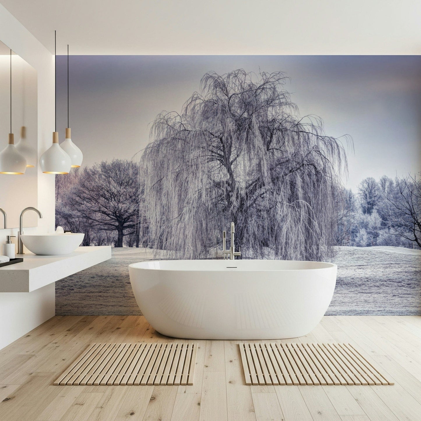A majestic Winter Weeping Tree Wall Mural, atmospheric wallpaper mural design.