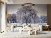 Hoarfrost covered Winter Weeping Tree Wall Mural, peaceful outdoor scene.