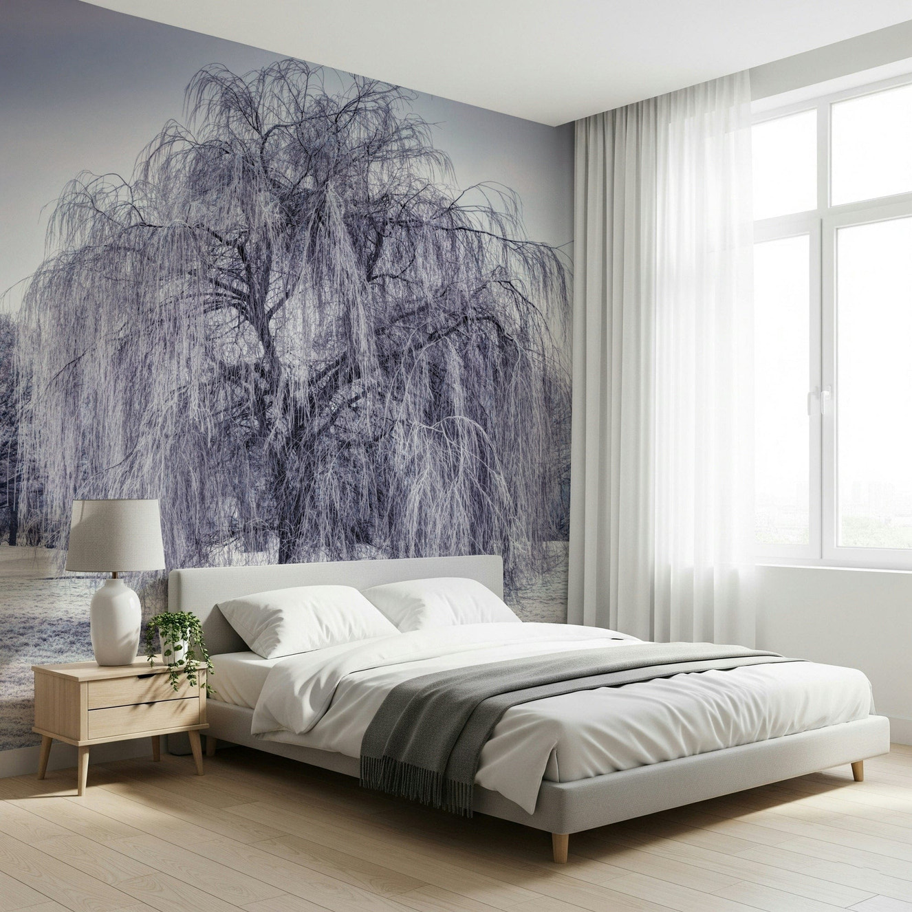 Icy gray Winter Weeping Tree Wall Mural, dramatic winter landscape wallpaper.