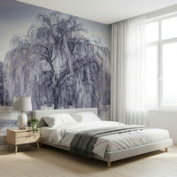 Icy gray Winter Weeping Tree Wall Mural, dramatic winter landscape wallpaper.
