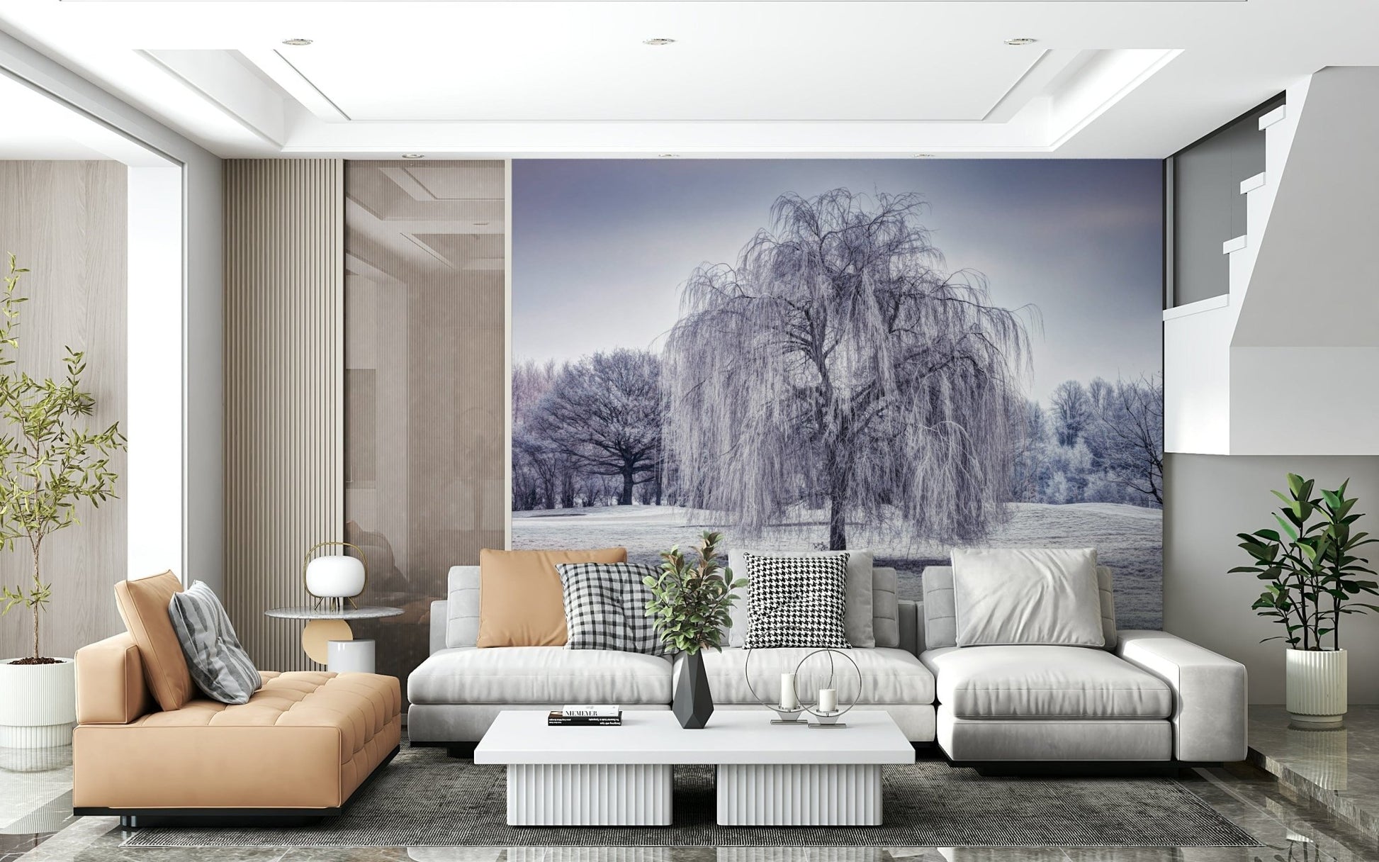 Monochromatic Winter Weeping Tree Wall Mural, tranquil backdrop wallpaper.