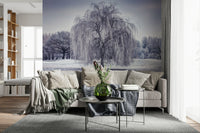Snowy Winter Weeping Tree Wall Mural, captivating wallpaper for walls.