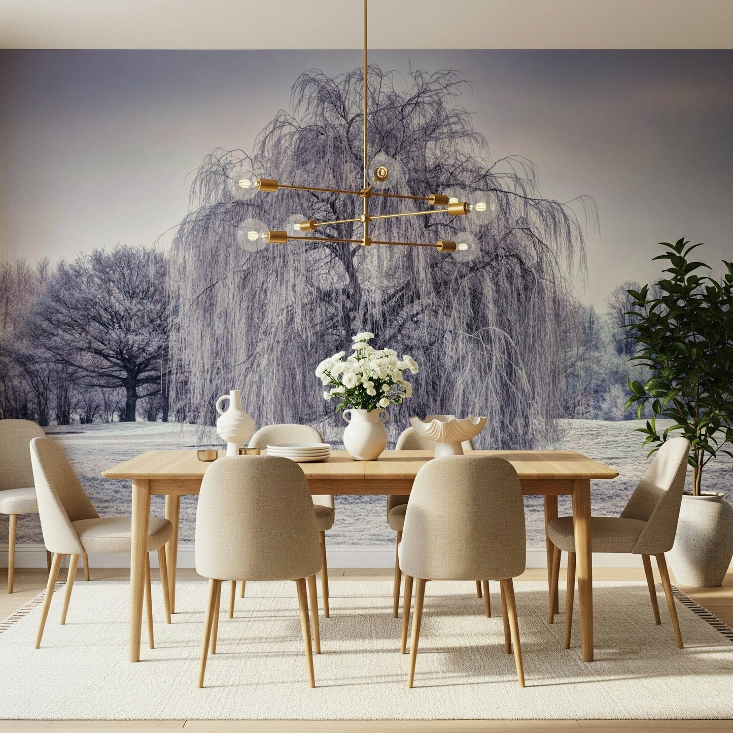 Stunning frozen Winter Weeping Tree Wall Mural, cold scene wall covering.