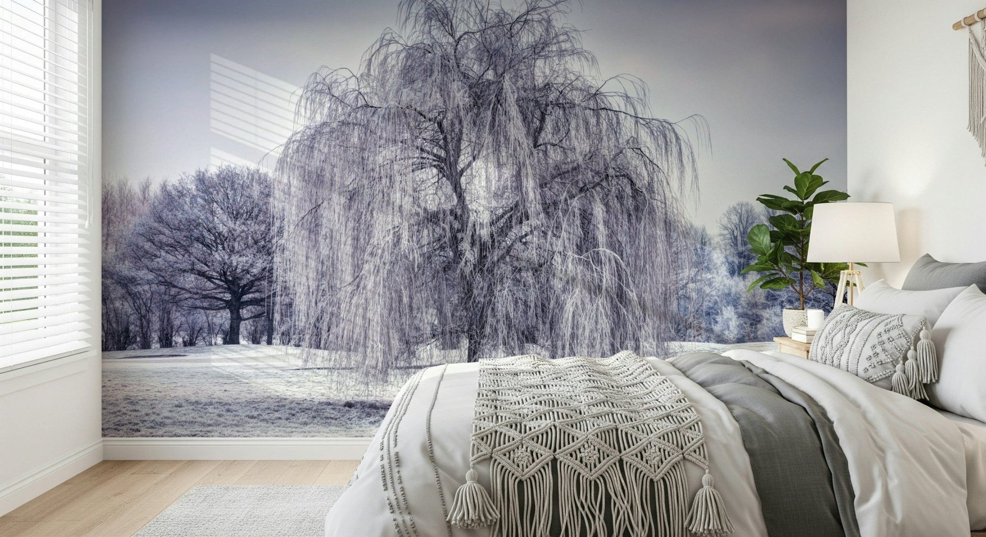 Ethereal frozen landscape Winter Weeping Tree Wall Mural, scenic wall art.