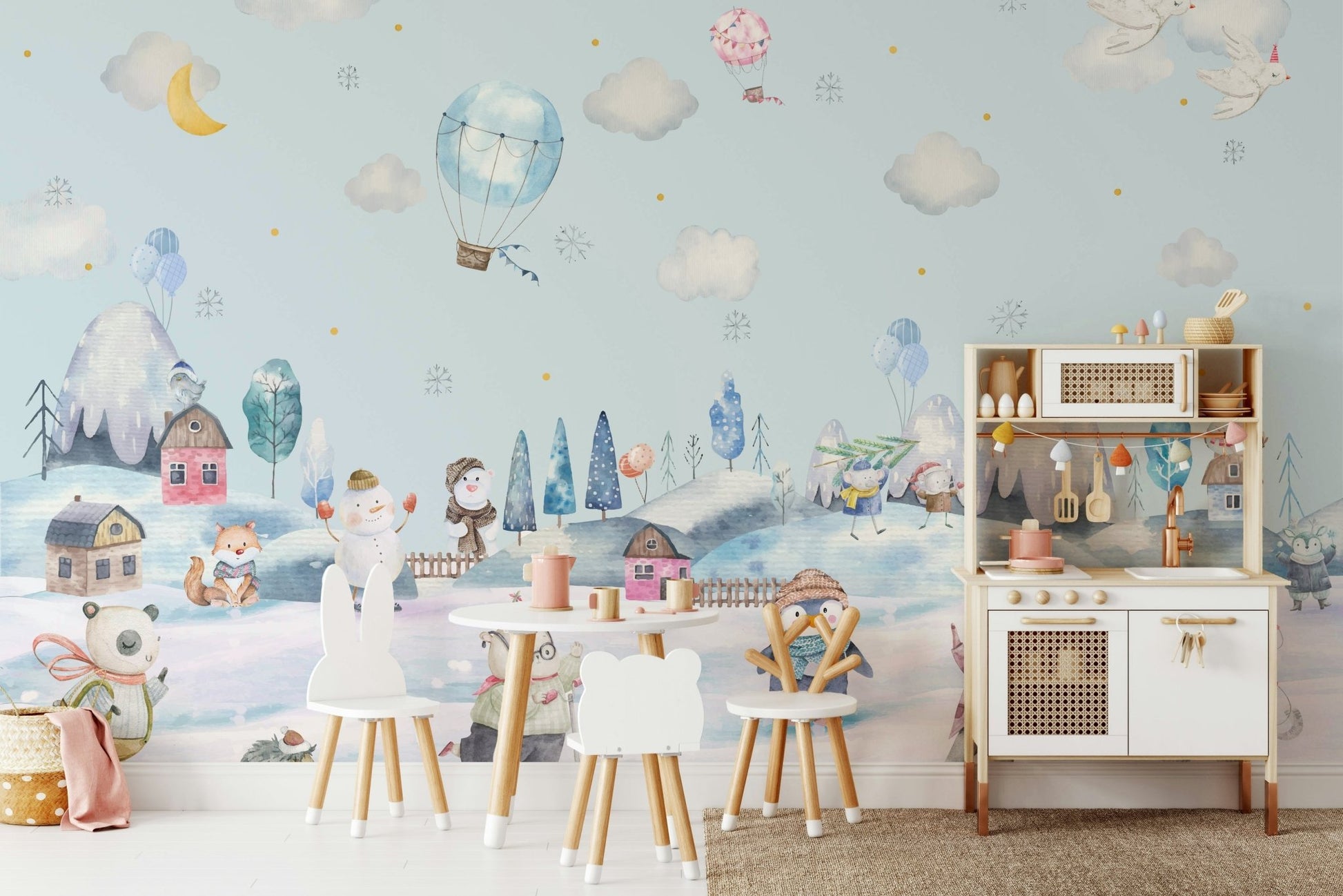 A light snowfall is happening, with soft flakes in the air.

