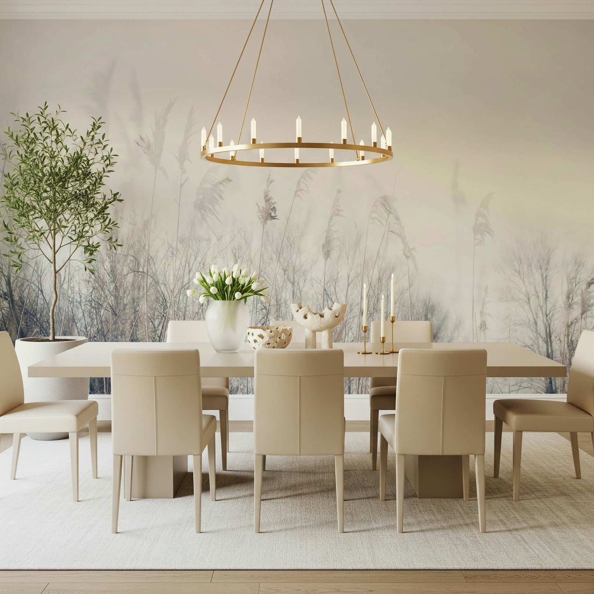 A peaceful modern abstract mural on decorative wallpaper.