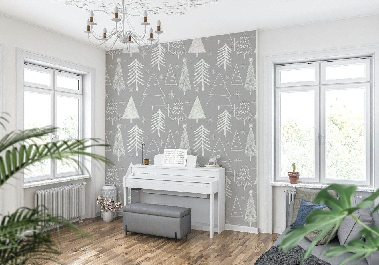 Winter Whispers subtle grey forest wallpaper for walls pattern.