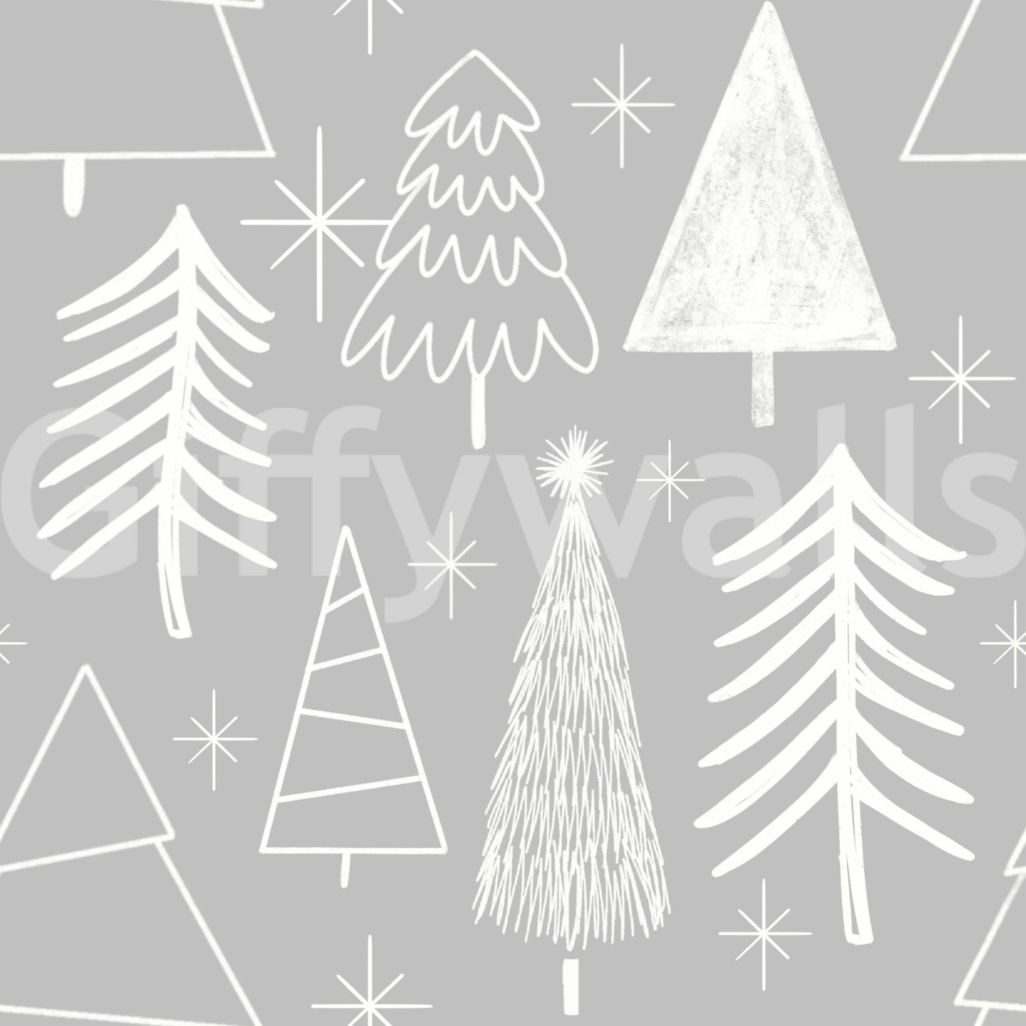 Graphic pattern of stars and holiday Winter Whispers trees.