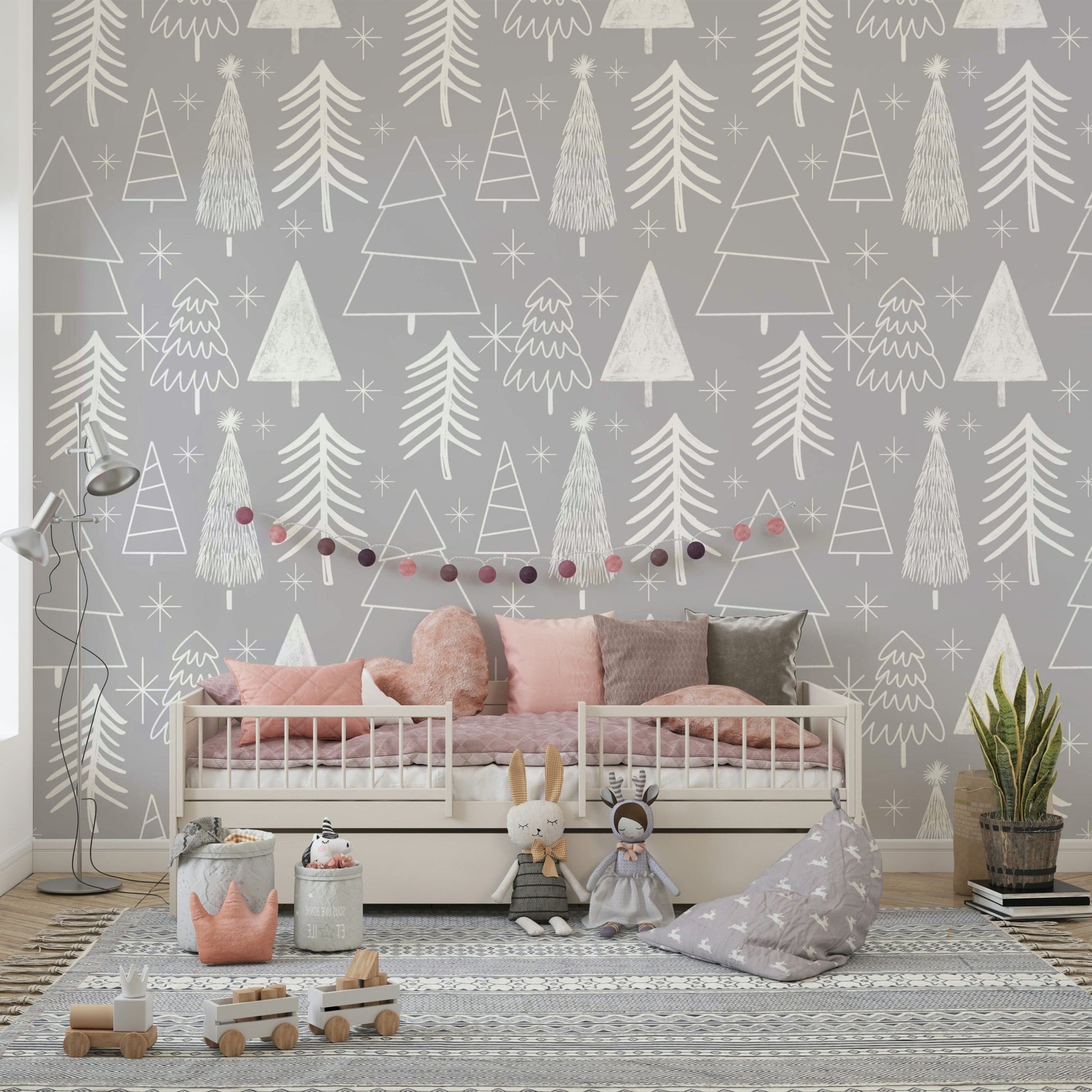 Decorative grey background with outlined white Winter Whispers firs.