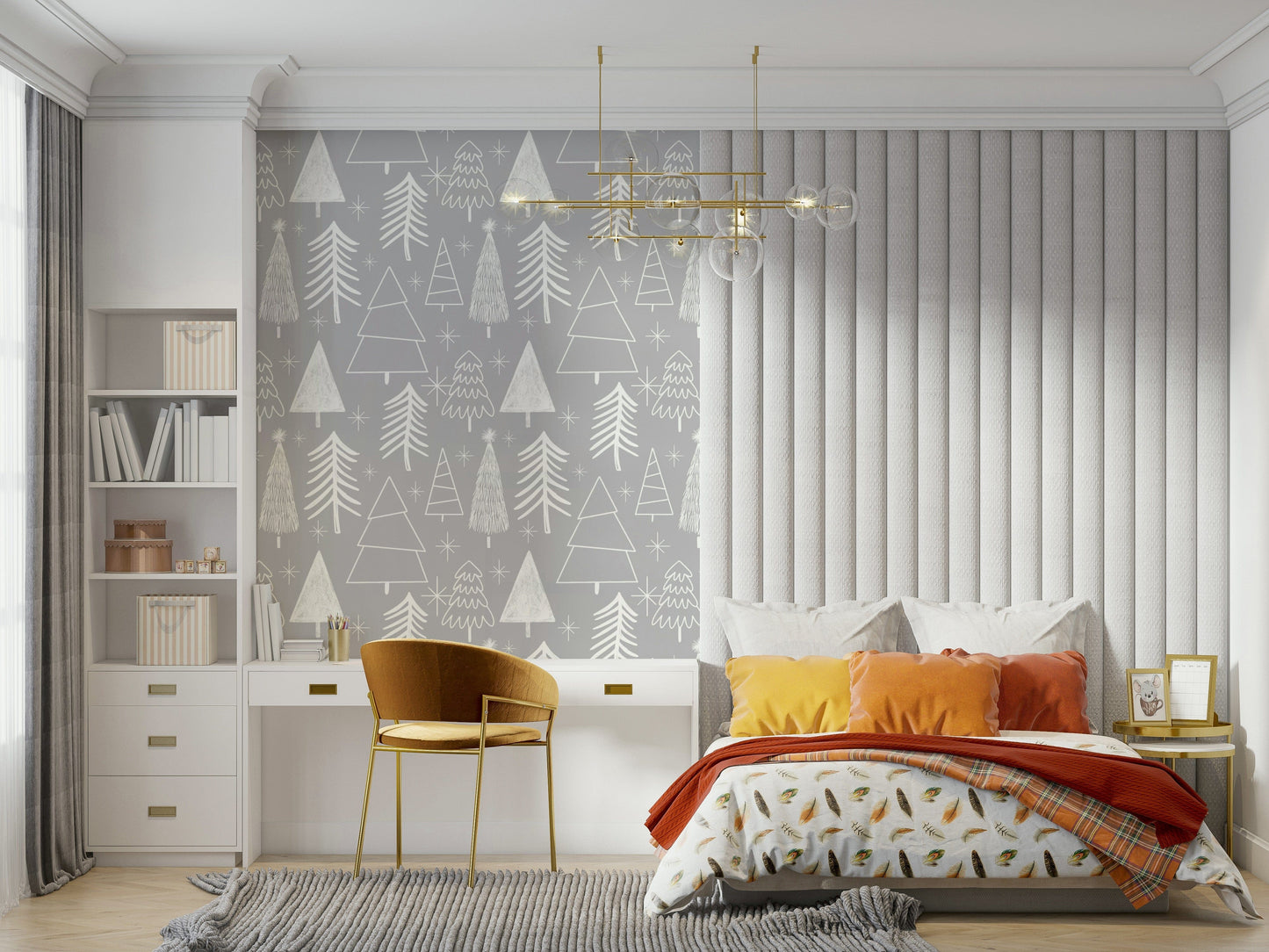 Textured peel and stick wallpaper with geometric forest motifs.