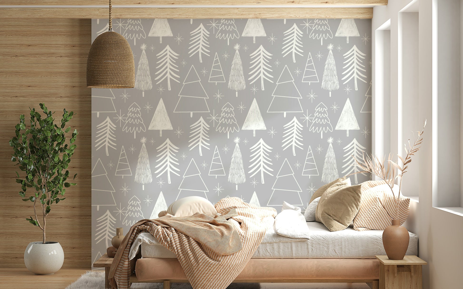 Winter Whispers collection stylized frost pine pattern wallpaper.