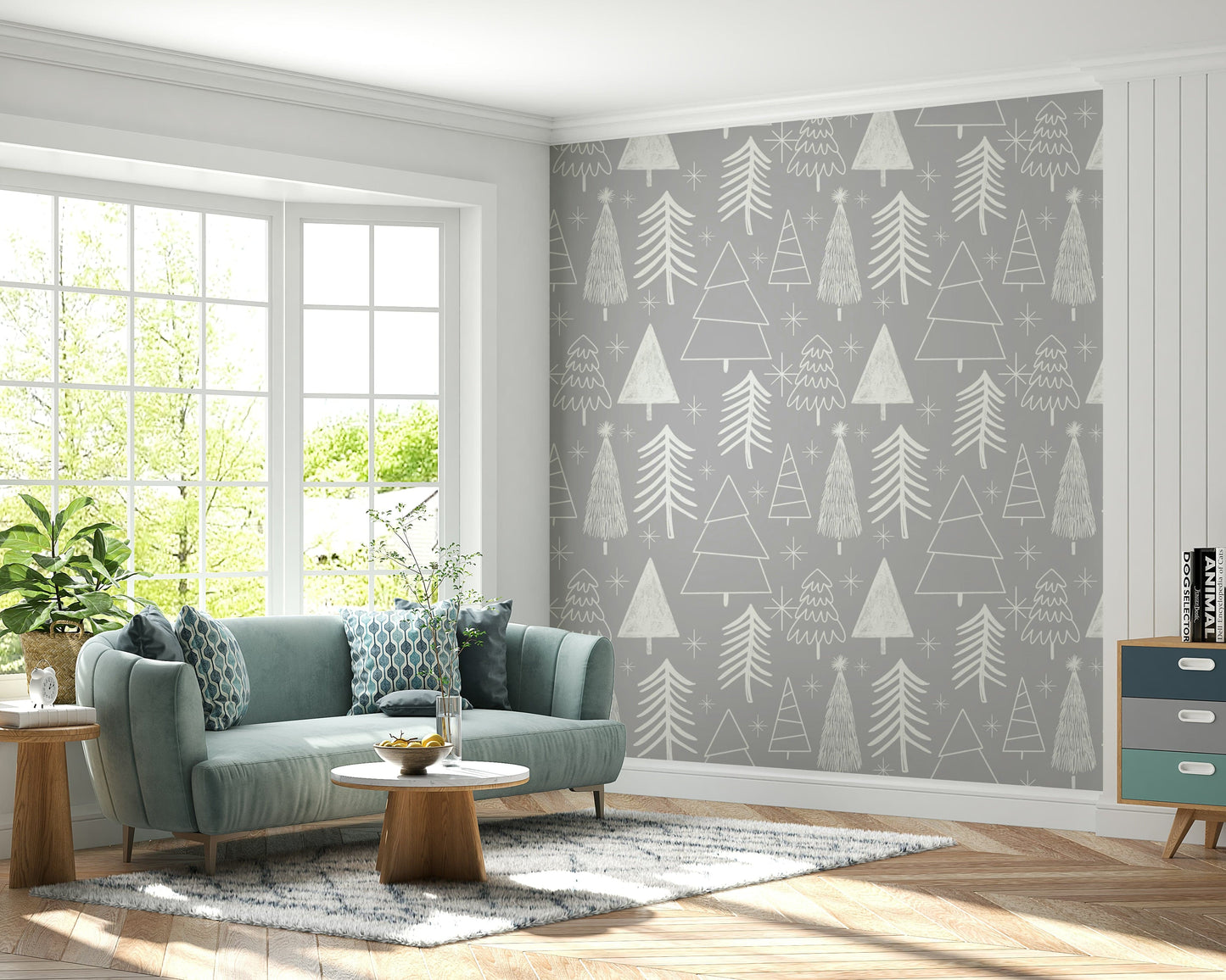 Modern peel and stick wallpaper featuring sparkling white snowflakes.