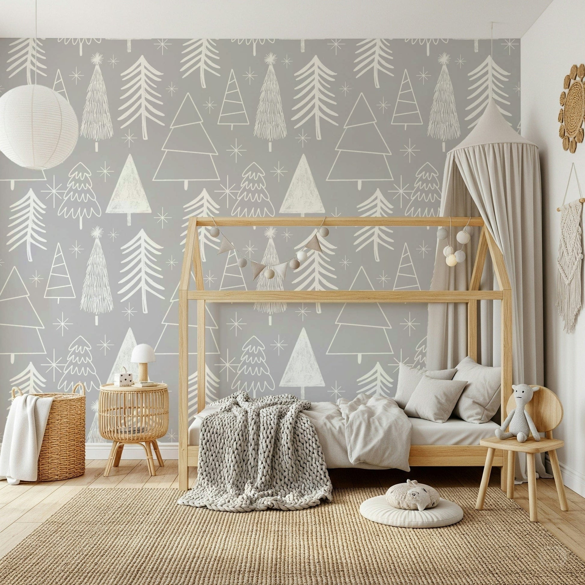 Seamless pattern of sketched festive Winter Whispers pines.