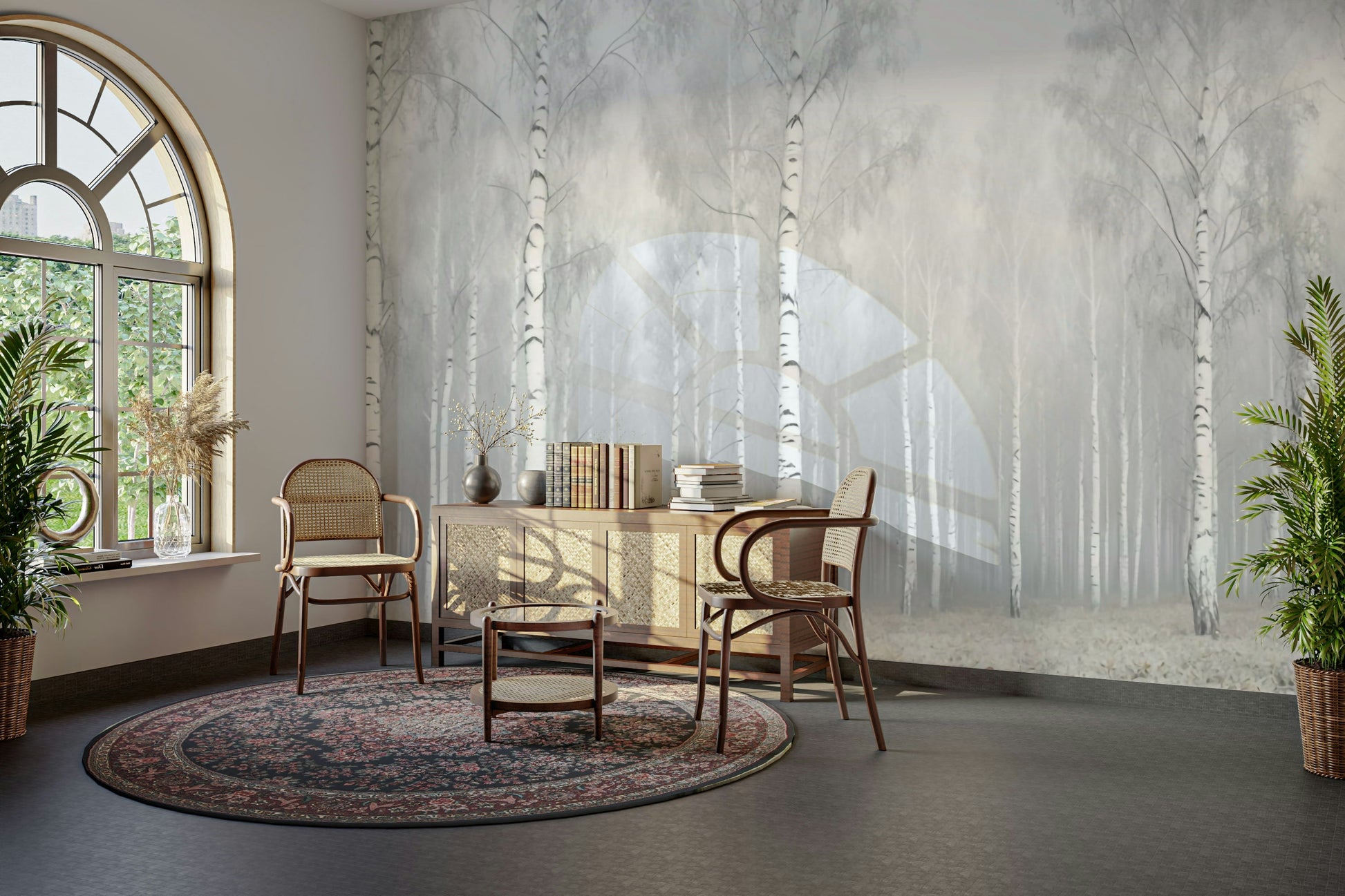 A wall mural of a peaceful forest.

