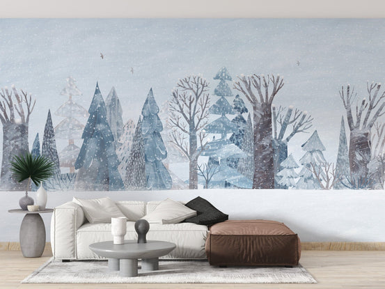 Serene winter wonderland forest wall mural for homes., B335