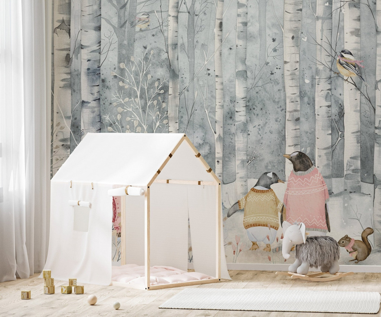 Cozy woodland animals in winter forest
