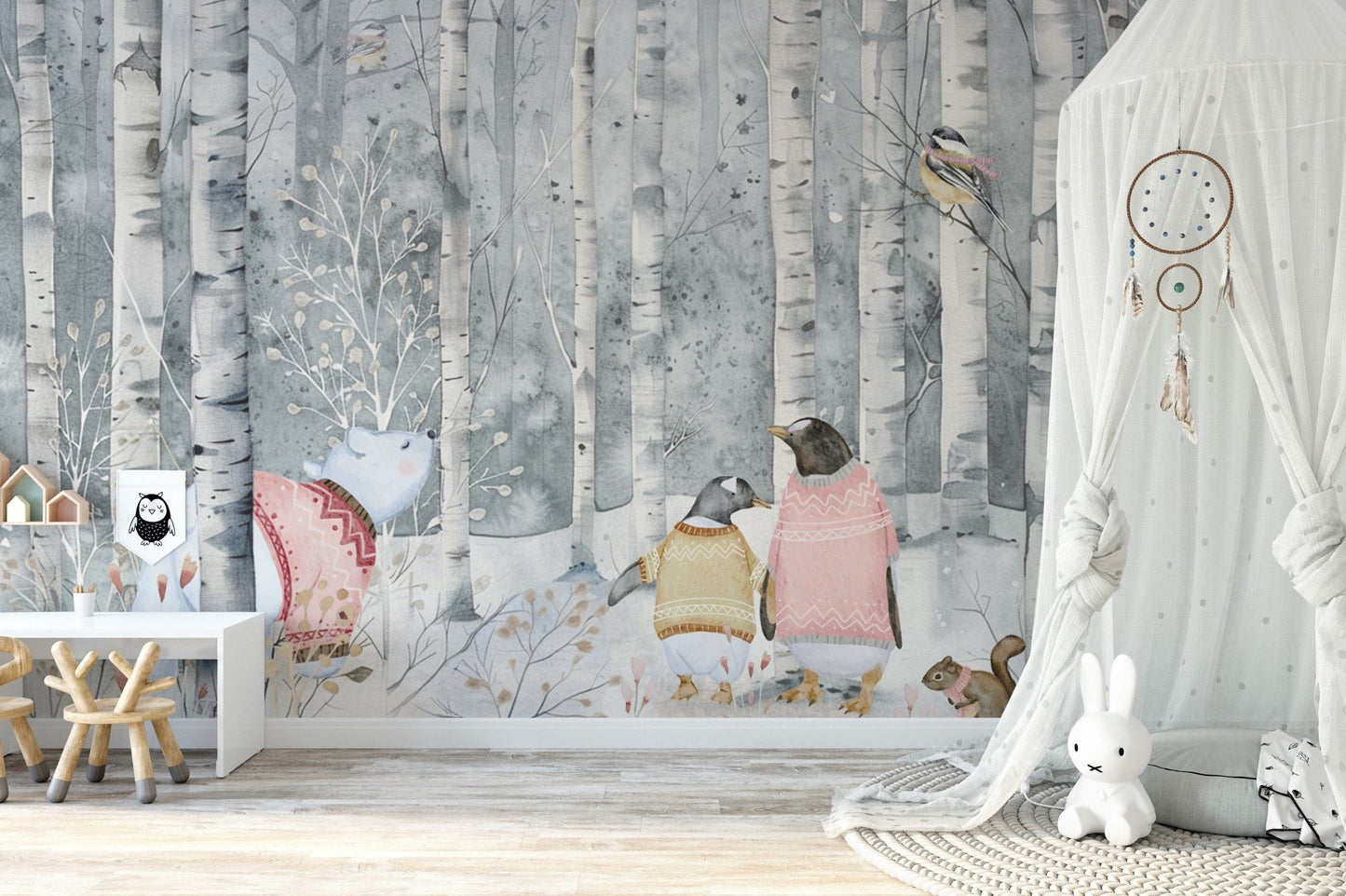 Polar bear and penguins in winter mural
