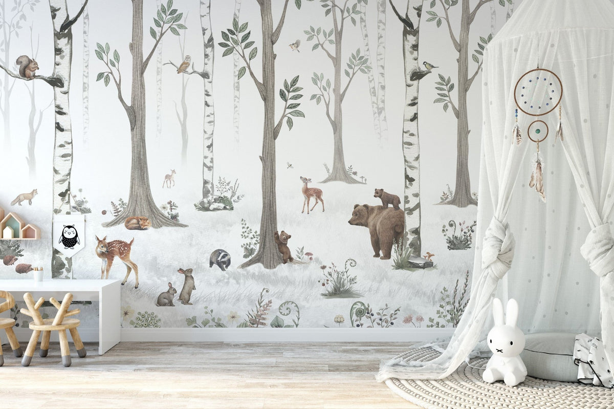 White Forest wallpaper with deer, bears, and lush scenery KB53