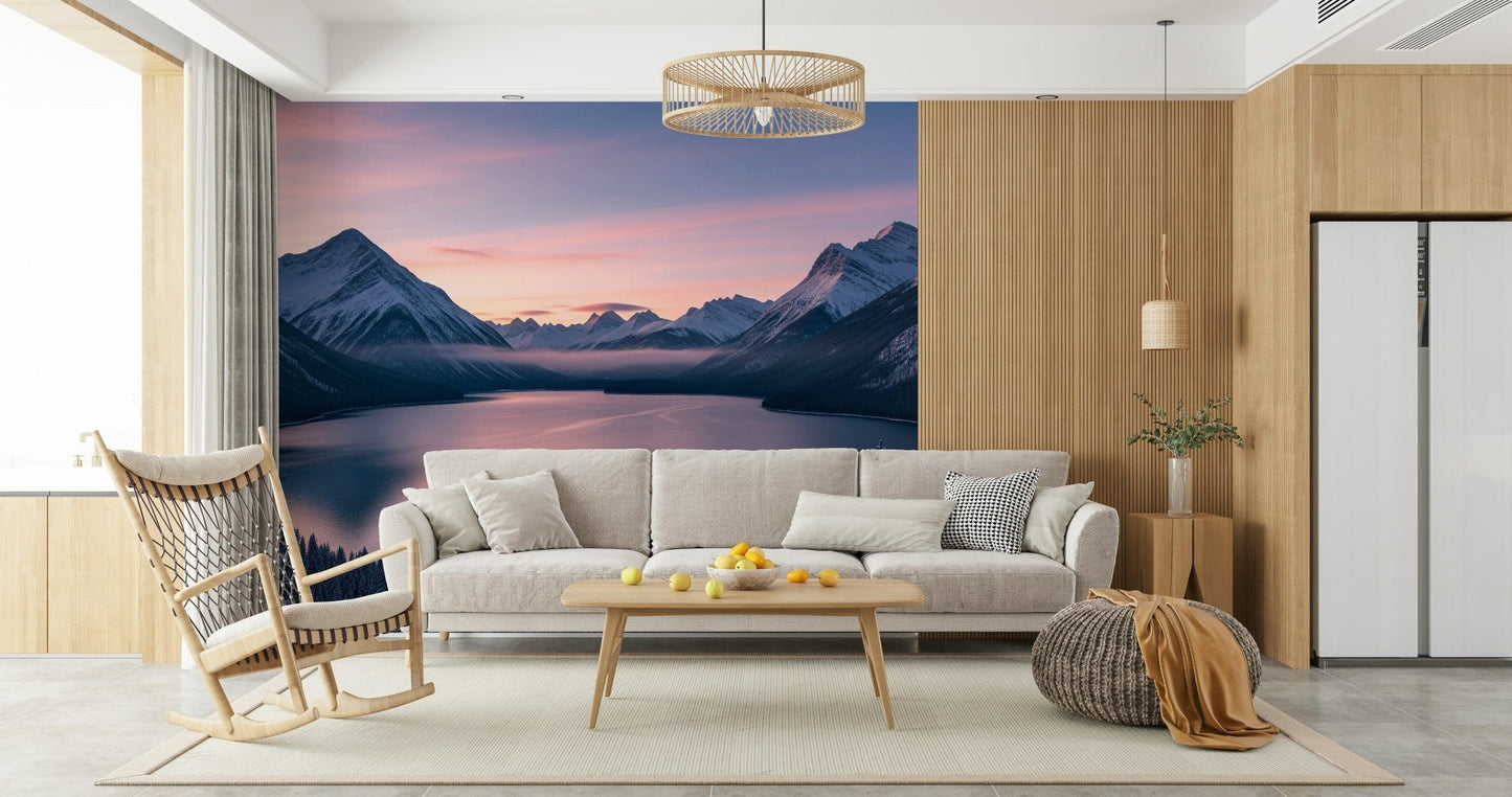 Winter's Calm wall mural featuring frosted branches in a room.