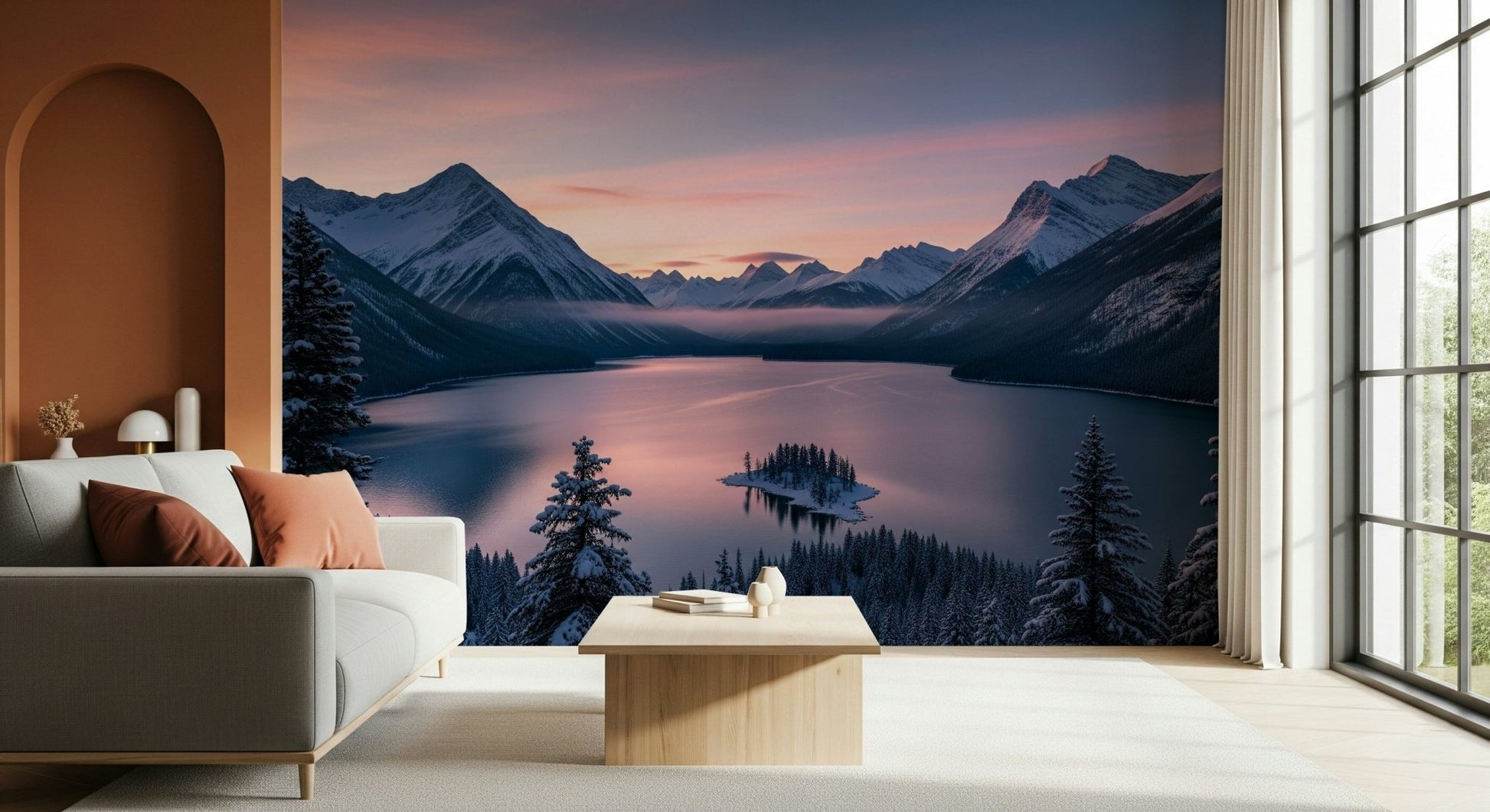 Snowy forest wallpaper for a peaceful bedroom feature wall.