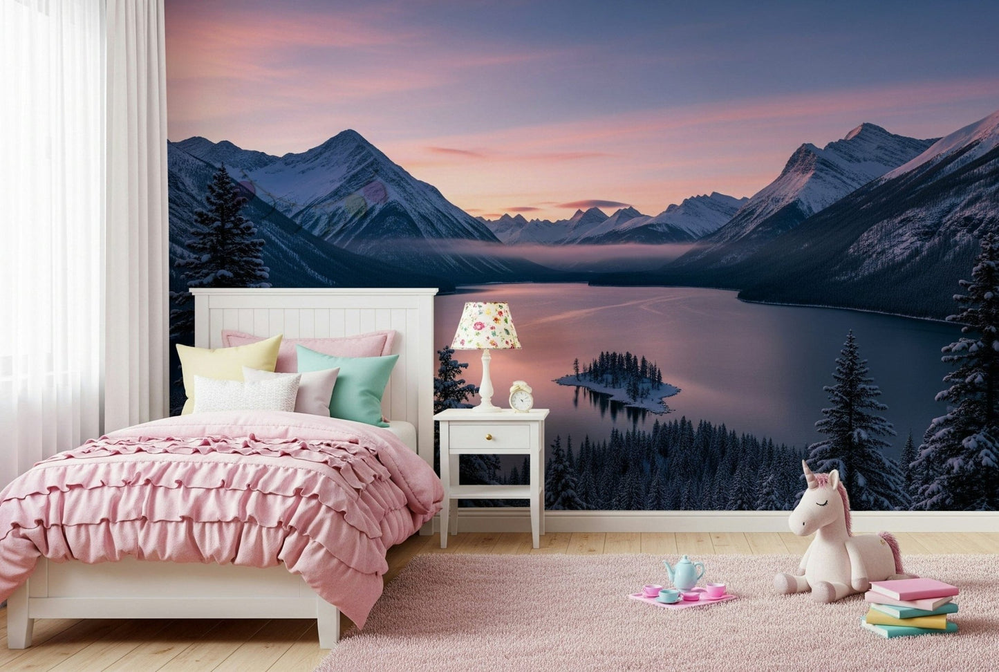 Soft blue winter landscape wall mural for a home office.