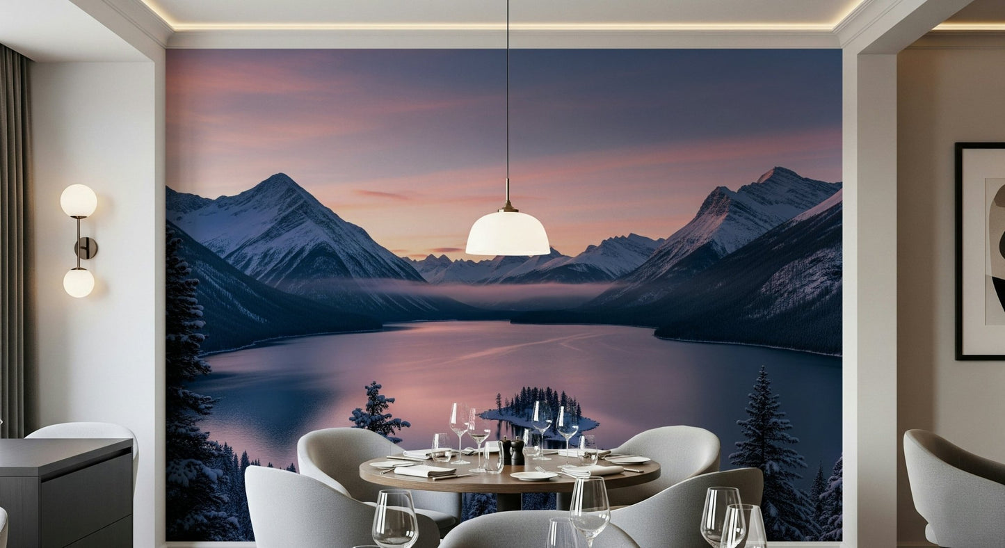 Winter's Calm wall mural behind a neutral sofa in a lounge.