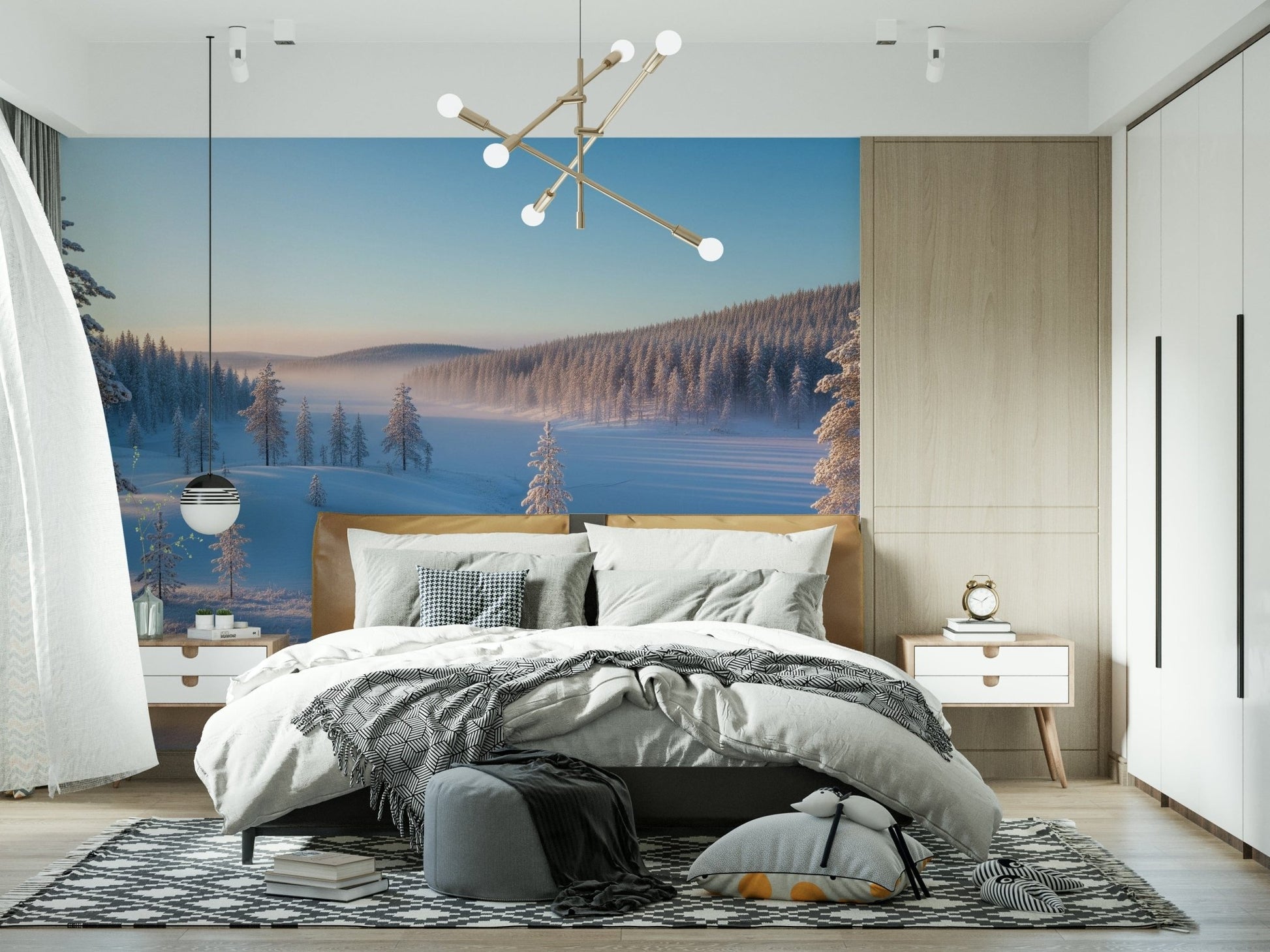 Ethereal frosted woodland wallpaper for a serene living room wall mural.