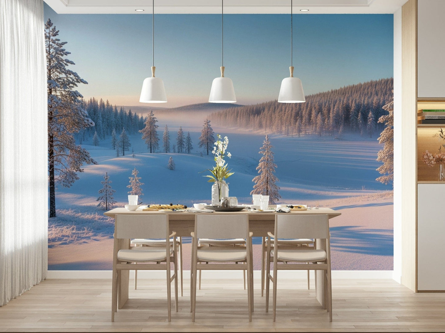 Winter's Calm Whisper Wall Mural in a bright home office with silver accents wallpaper.