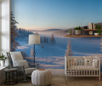 Winter's Calm Whisper Wall Mural in a minimalist bedroom with white decor wallpaper.