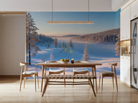 Winter's Calm Whisper Wall Mural behind a grey sofa in a flat wallpaper.